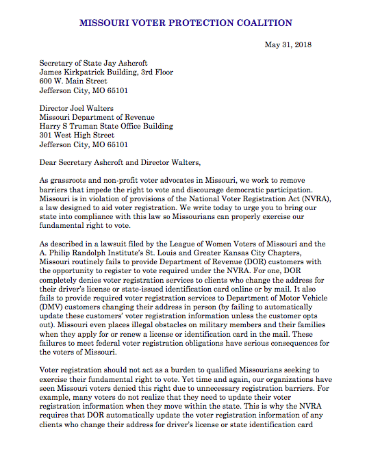 Missouri Voter Protection Coalition Sends Advocacy Letter to Missouri Officials Demanding